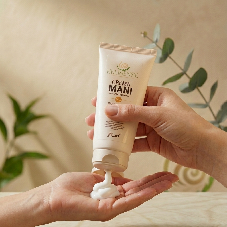 Crema Mani Helisense alla bava di lumaca - applicazione sulla mano con texture cremosa