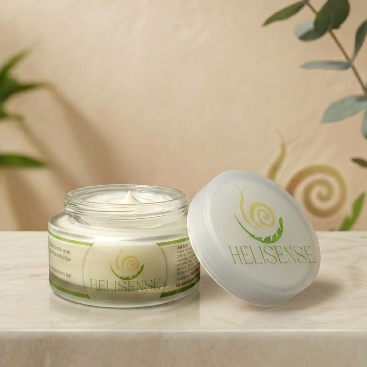 Crema Viso Rigenerante Helisense - barattolo aperto con texture cremosa alla bava di lumaca