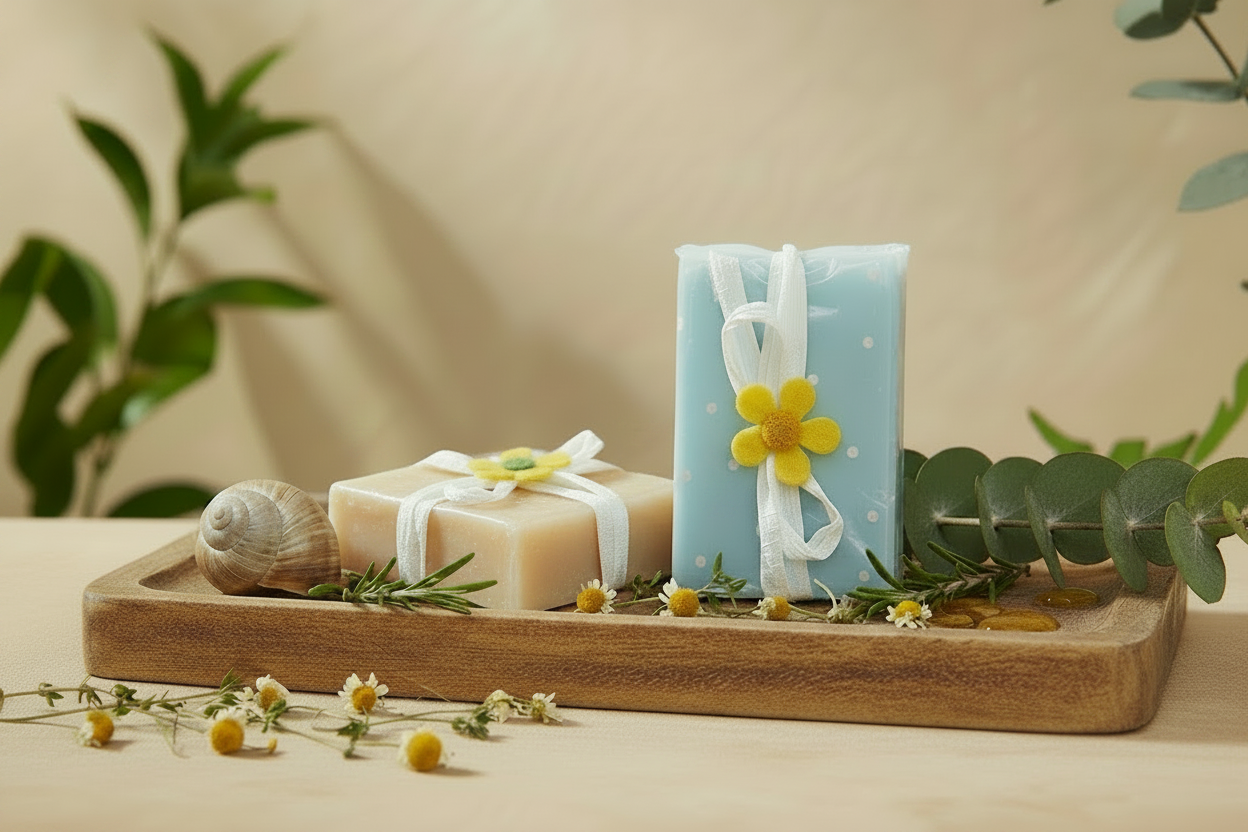 Sapone Naturale Helisense alla bava di lumaca - ambientazione naturale con camomilla ed eucalipto