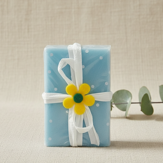 Sapone Naturale alla Bava di Lumaca Helisense - saponetta in confezione regalo azzurra a pois con fiocco bianco e fiore giallo