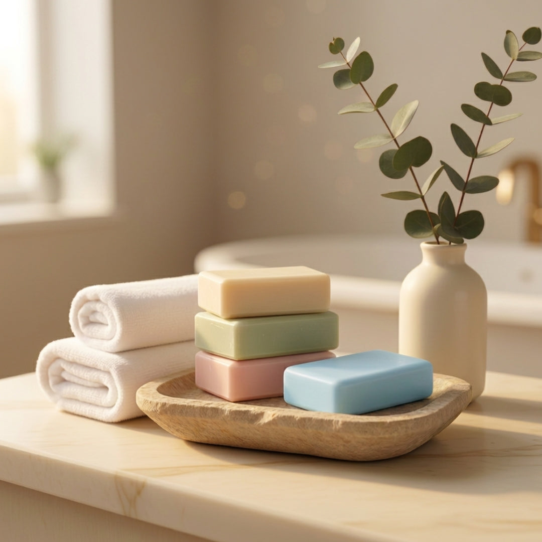 Saponette naturali Helisense - set spa con asciugamani e vaso in ceramica
