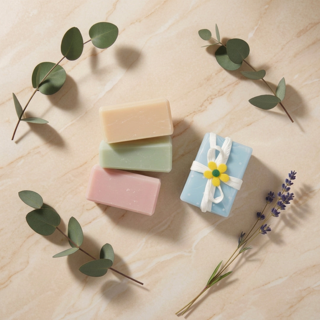 Saponette naturali Helisense - collezione flat lay su sfondo chiaro